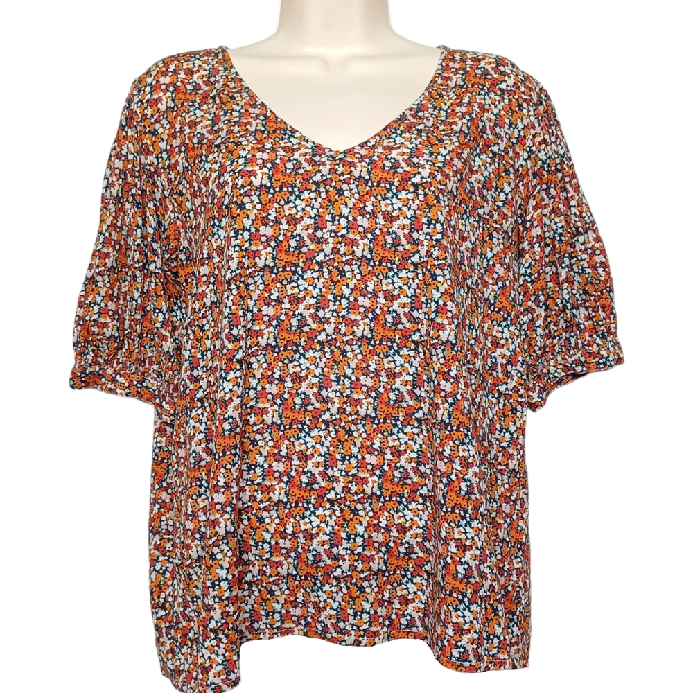 ICHI Orange Red White Colorful Floral Print Short Sleeve V Neck Top Small - Picture 2 of 8